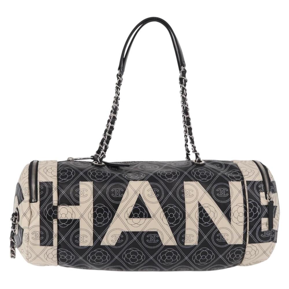 CHANEL Coated Canvas Camellia Printed Calfskin Bowling Bag